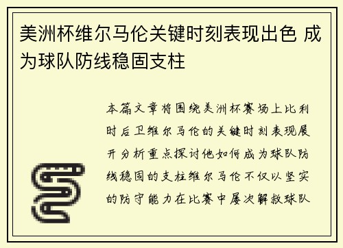 美洲杯维尔马伦关键时刻表现出色 成为球队防线稳固支柱